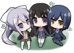  3girls :d bangs black_blazer black_hair black_legwear blazer blue_hair blush bow bowtie cardigan chibi closed_mouth collared_shirt commentary_request eyebrows_visible_through_hair grey_skirt hair_between_eyes hair_ornament hairclip high_ponytail higuchi_kaede jacket kneehighs long_hair long_sleeves mole mole_under_eye multiple_girls necktie nijisanji no_shoes open_blazer open_clothes open_jacket open_mouth pantyhose pink_neckwear plaid plaid_skirt pleated_skirt ponytail purple_neckwear shirasu_youichi shirt shizuka_rin sidelocks silver_hair sitting skirt sleeves_past_wrists smile thigh-highs tsukino_mito very_long_hair violet_eyes virtual_youtuber white_legwear white_shirt yellow_eyes 