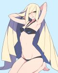  1girl arm_up armpits arms_behind_head ban bangle barefoot bikini black_bikini blonde_hair blue_background bracelet breasts green_eyes groin hair_over_one_eye halterneck highres jewelry kneeling long_hair looking_at_viewer lusamine_(pokemon) mature navel pokemon pokemon_(game) pokemon_sm sidelocks small_breasts solo swimsuit very_long_hair 