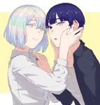  2others alternate_costume androgynous artist_request bangs blue_eyes blue_hair blunt_bangs casual colored_eyelashes contemporary diamond_(houseki_no_kuni) face-to-face hand_on_another&#039;s_face hand_on_another&#039;s_shoulder heterochromia highres houseki_no_kuni looking_at_viewer multicolored multicolored_eyes multicolored_hair nail_polish phosphophyllite phosphophyllite_(ll) rainbow_eyes rainbow_hair shirt short_hair smile spoilers upper_body white_eyes 