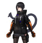  1girl bangs black_hair cowboy_shot cyberpunk cyborg eyepatch highres kasagarasu looking_at_viewer mechanical_arm mechanical_tail orange_eyes original prosthesis science_fiction short_hair slit_pupils sumi_elias swept_bangs tail thigh-highs white_background 