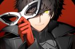  1boy ;) amamiya_ren black_hair carchet gloves holding holding_mask male_focus mask one_eye_closed persona persona_5 red_gloves smile solo yellow_eyes 