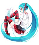  1girl 2016 absurdly_long_hair between_legs blue_hair blush dated floating_hair frilled_skirt frills from_side glasses hair_ornament hand_between_legs hatsune_miku headphones hood hooded_jacket jacket long_hair miniskirt red-framed_eyewear red_skirt simple_background skirt smile solo striped striped_legwear thigh-highs timins twintails very_long_hair vocaloid white_background white_jacket 