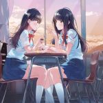  2girls bangs black_hair blush chair commentary_request desk evening fly_(marguerite) long_hair looking_at_another multiple_girls nail_polish nail_polish_bottle original painting_nails pleated_skirt school_uniform shirt short_sleeves sitting skirt white_shirt yellow_nails 