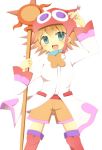  1girl amitie_(puyopuyo) aqua_eyes boots bow brown_hair hat holding holding_hat holding_staff no_lineart open_mouth orange_bow orange_shorts puyopuyo red_footwear rento_(rukeai) shorts smile solo staff 