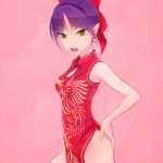  1girl akagi_(fmttps) bangs bare_shoulders bow china_dress chinese_clothes cleavage_cutout dress eyebrows_visible_through_hair fangs gegege_no_kitarou hair_bow hands_on_hips looking_at_viewer nekomusume_(gegege_no_kitarou_6) open_mouth parted_bangs pelvic_curtain pink_background pointy_ears purple_hair red_bow red_dress short_hair side_slit solo yellow_eyes 