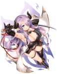  1girl armpits bare_shoulders black_footwear black_gloves black_legwear blue_eyes blush boots breasts cleavage draph from_above gloves granblue_fantasy hair_ornament hair_over_one_eye highres holding holding_sword holding_weapon horns large_breasts lavender_hair long_hair looking_at_viewer narmaya_(granblue_fantasy) pinky_out pointy_ears purple_hair shinozuka_atsuto single_thighhigh smile solo standing sword thigh-highs thigh_strap very_long_hair weapon white_background 