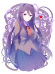  1girl blue_skirt commentary doki_doki_literature_club english_commentary hair_between_eyes hair_ornament hairclip heart highres kumomo0214 long_hair looking_at_viewer outline pleated_skirt purple_hair school_uniform skirt smile solo very_long_hair violet_eyes white_outline yuri_(doki_doki_literature_club) 