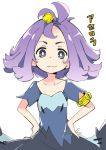  1girl :3 acerola_(pokemon) armlet dress elite_four flipped_hair hair_ornament hands_on_hips ixy multicolored multicolored_clothes multicolored_dress pokemon pokemon_(game) pokemon_sm purple_hair short_hair simple_background solo stitches trial_captain white_background 