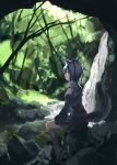  1girl animal_ears forest inubashiri_momiji nature profile red_eyes sitting solo tail touhou water waterfall wolf_ears wolf_tail yagi_(sinnsyou) 