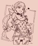  1girl :d bangs braid cropped_legs crown_braid eyebrows eyebrows_visible_through_hair facing_away fire_emblem fire_emblem_heroes gloves hair_flaps hand_on_hip heart legs_apart long_hair long_sleeves low-tied_long_hair miniskirt monochrome nazonazo_(nazonazot) open_mouth pink_background pleated_skirt puffy_long_sleeves puffy_sleeves sharena shoulder_pads single_braid skirt smile solo standing 