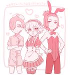  3boys animal_ears apron arms_behind_back bunny_boy bunnysuit crossdressinging darling_in_the_franxx dress fake_animal_ears frilled_apron frills garter_straps hair_over_one_eye half_updo hat heart male_focus monochrome mt.somo multiple_boys nine_alpha_(darling_in_the_franxx) nine_beta nine_gamma nurse nurse_cap rabbit_ears red thigh-highs waitress 