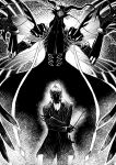  1boy antonio_salieri_(fate/grand_order) claws coat cravat facing_viewer fate/grand_order fate_(series) greyscale highres holding knife long_sleeves male_focus monochrome monster nakamura_regura pants solo standing stiletto striped 