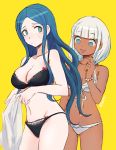  2girls :3 :d artist_name bangs black_bra black_panties blue_hair blunt_bangs bow bow_bra bra breasts cleavage closed_mouth cowboy_shot dangan_ronpa dark_skin eyebrows_visible_through_hair green_eyes highres holding lace lace-trimmed_bra light_frown looking_at_another looking_back medium_breasts multiple_girls navel new_dangan_ronpa_v3 no_eyewear open_mouth panties qosic shirogane_tsumugi signature silver_hair simple_background small_breasts smile string_panties sweatdrop underwear underwear_only white_bra white_panties yellow_background yonaga_angie 