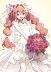  1boy artist_name astolfo_(fate) blush bouquet bow bridal_veil bride collarbone dress eudetenis eyebrows_visible_through_hair fate/apocrypha fate_(series) floral_print flower hair_bow hair_intakes highres jewelry long_hair low_twintails male_focus multicolored_hair necklace open_mouth otoko_no_ko pantyhose pink_flower pink_hair pink_rose purple_flower purple_rose red_flower red_rose rose shrug_(clothing) smile solo streaked_hair twintails veil very_long_hair violet_eyes wedding_dress white_bow white_dress 