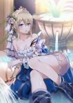  1girl blonde_hair blue_eyes breasts bug butterfly cape cleavage collarbone commentary_request dress europa_(granblue_fantasy) eyebrows_visible_through_hair flower fountain granblue_fantasy hair_flower hair_ornament insect lying myusha on_side short_dress short_hair sleeveless sleeveless_dress thighs tiara water white_dress 