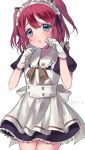  1girl :o animal_ears apron aqua_eyes artist_name bangs black_ribbon blush brown_neckwear cat_ears clenched_hands cowboy_shot dress eyebrows_visible_through_hair frilled_shirt_collar frills fuyuzima gloves hair_ribbon highres kemonomimi_mode kurosawa_ruby love_live! love_live!_sunshine!! maid maid_headdress neck_ribbon open_mouth paw_pose redhead ribbon short_sleeves simple_background solo striped_neckwear two_side_up white_apron white_background white_gloves 