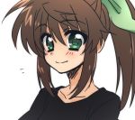  1girl bangs black_shirt brown_hair closed_mouth eyebrows_visible_through_hair fuuka_reventon green_eyes green_ribbon hair_ribbon long_hair looking_at_viewer lyrical_nanoha notice_lines ponytail portrait ribbon san-pon shirt sidelocks simple_background smile solo vivid_strike! white_background 