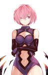  1girl bare_shoulders black_gloves breasts cleavage elbow_gloves eyebrows_visible_through_hair fate/grand_order fate_(series) gloves hair_over_one_eye highres mash_kyrielight medium_breasts navel pink_hair sc068 short_hair simple_background solo standing violet_eyes white_background 