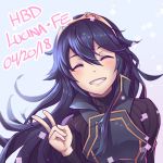  1girl black_sweater blue_hair blush cape closed_eyes commentary eyebrows_visible_through_hair fire_emblem fire_emblem:_kakusei hair_between_eyes happy_birthday kaijuicery long_hair lucina ribbed_sweater smile sweater tiara v 
