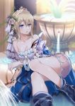  1girl blonde_hair blue_eyes breasts bug butterfly cape cleavage collarbone dress europa_(granblue_fantasy) eyebrows_visible_through_hair flower fountain granblue_fantasy hair_flower hair_ornament insect lying myusha on_side short_dress short_hair sleeveless sleeveless_dress thighs tiara water white_dress 