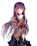 1girl artist_name blood blood_on_face blood_splatter bloody_clothes blue_skirt constricted_pupils crazy_eyes crazy_smile doki_doki_literature_club eyebrows_visible_through_hair grin hair_between_eyes hair_ornament hairclip hazu_t highres long_hair looking_at_viewer pen pleated_skirt purple_hair school_uniform simple_background skirt smile solo very_long_hair violet_eyes white_background yuri_(doki_doki_literature_club) 