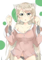  1girl absurdres akagi8914 animal_ears bakemonogatari black_hanekawa black_panties blush breasts cat_ears cleavage commentary_request fang hanekawa_tsubasa highres holding long_hair medium_breasts monogatari_(series) mouse no_pants open_mouth pajamas panties platinum_blonde silver_hair solo standing underwear very_long_hair yellow_eyes 