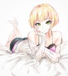  1girl barefoot bed_sheet blonde_hair camisole chin_rest closed_mouth green_eyes highres hometa idolmaster idolmaster_cinderella_girls long_sleeves looking_at_viewer lying miyamoto_frederica off_shoulder on_bed on_stomach ribbed_sweater short_hair smile solo sweater the_pose white_sweater 