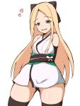  1girl :d abigail_williams_(fate/grand_order) absurdres arms_behind_back ass_visible_through_thighs bangs bare_shoulders black_bow black_legwear black_panties blonde_hair blue_eyes blush bow breasts commentary_request cosplay cowboy_shot eyebrows_visible_through_hair fate/grand_order fate_(series) forehead hair_bow head_tilt highres japanese_clothes kimono koha-ace long_hair looking_at_viewer medium_breasts mitchi obi okita_souji_(fate) okita_souji_(fate)_(cosplay) open_mouth panties parted_bangs sash shiny shiny_skin short_kimono simple_background skindentation sleeveless sleeveless_kimono smile solo thigh-highs underwear very_long_hair white_background white_kimono 