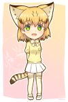  1girl :d adapted_costume animal_ears arms_behind_back blonde_hair bow bowtie cat_ears cat_tail chibi commentary_request cosplay extra_ears fennec_(kemono_friends) fennec_(kemono_friends)_(cosplay) full_body green_eyes highres kemono_friends looking_at_viewer open_mouth outline pink_background pleated_skirt sand_cat_(kemono_friends) shiraha_maru short_hair short_sleeves simple_background skirt smile solo striped_tail tail thigh-highs white_outline white_skirt 