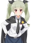  1girl anchovy anzio_school_uniform bangs belt black_belt black_cape black_neckwear black_ribbon black_skirt cape closed_mouth commentary dress_shirt drill_hair emblem eyebrows_visible_through_hair girls_und_panzer green_hair hair_ribbon hands_on_hips highres kohakope long_hair long_sleeves looking_at_viewer miniskirt necktie red_eyes ribbon school_uniform shirt simple_background skirt smile solo standing twin_drills twintails upper_body white_background white_shirt wing_collar 