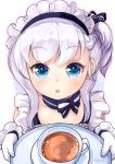  1girl :o azur_lane belfast_(azur_lane) black_ribbon blue_bow blue_eyes blush bow braid collarbone commentary_request cup hair_ribbon highres holding holding_tray long_hair looking_at_viewer maid maid_headdress one_side_up parted_lips ribbon saucer sidelocks silver_hair simple_background solo striped striped_bow tea teacup tray tsuzuki_rie twitter_username white_background younger 
