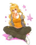  1girl amputee artist_request baggy_pants bare_shoulders blonde_hair blush breasts cleavage commentary_request full_body jacket long_hair looking_at_viewer medium_breasts navel pants parted_lips rwby shoes singlet sitting smile sneakers solo violet_eyes yang_xiao_long 