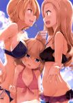  3girls :d absurdres bangs bikini blonde_hair blue_bikini blue_eyes blue_sky blush braid breast_envy breasts clouds cloudy_sky collarbone cup darjeeling day eyebrows_visible_through_hair flat_chest from_side front-tie_top girl_sandwich girls_und_panzer green_eyes groin height_difference highres holding holding_cup katyusha large_breasts light_brown_hair lowleg lowleg_bikini marie_(girls_und_panzer) medium_hair multiple_girls navel open_mouth outdoors outstretched_hand parted_bangs profile sandwiched short_hair shuiro_(frog-16) side-tie_bikini sky small_breasts smile swimsuit teacup tears 