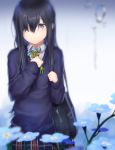  1girl bag bangs black_hair blue_eyes blue_flower blurry cardigan commentary_request cowboy_shot dabuki depth_of_field flower gradient gradient_background hair_over_one_eye highres long_hair necktie original plaid plaid_skirt school_uniform skirt solo tears water white_background 