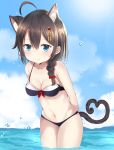  1girl ahoge animal_ears bangs bare_arms bare_shoulders bikini black_bikini blue_eyes blue_sky blush bow braid brown_hair cat_ears cat_girl cat_tail closed_mouth clouds commentary_request day eyebrows_visible_through_hair hair_between_eyes hair_bow hair_ornament heart heart_tail highres kantai_collection kemonomimi_mode leaning_forward long_hair navel noeru_(gt17854) ocean outdoors red_bow shigure_(kantai_collection) side_braid single_braid sky smile solo swimsuit tail wading water water_drop 