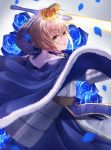  1girl armor armored_dress artoria_pendragon_(all) blonde_hair blue_cape blue_dress cape crown dress excalibur fate/stay_night fate_(series) fur_trim highres holding holding_sword holding_weapon mini_crown saber short_hair solo standing sword towana weapon yellow_eyes 