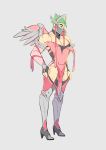  artist_request boots commentary cosplay elbow_gloves fingerless_gloves genji_(overwatch) gloves green_hair grey_background high_heel_boots high_heels highleg looking_down mask mechanical_wings mercy_(overwatch) mercy_(overwatch)_(cosplay) overwatch pink_mercy pulling scar simple_background strap_slip thigh-highs wings 