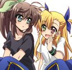  2girls ahoge bangs black_shirt blonde_hair blue_pants blue_ribbon brown_hair eyebrows_visible_through_hair fuuka_reventon green_eyes hair_ribbon heterochromia long_hair looking_at_another lyrical_nanoha multiple_girls open_mouth pants parted_lips ponytail red_eyes ribbon san-pon shirt short_sleeves sidelocks simple_background single_vertical_stripe sitting smile t-shirt track_pants two_side_up vivid_strike! vivio whispering white_background white_shirt wristband 