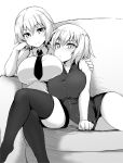  2girls arm_around_shoulder arm_support bangs breasts chin_rest closed_mouth collared_shirt commentary couch dress dress_tug elbow_rest eyebrows_visible_through_hair fate/grand_order fate_(series) frown highres jeanne_d&#039;arc_(alter)_(fate) jeanne_d&#039;arc_(fate) jeanne_d&#039;arc_(fate)_(all) large_breasts legs_crossed lying medium_hair microdress miniskirt multiple_girls necktie on_side pencil_skirt shanaharuhi shirt sitting skirt smile thigh-highs wing_collar zipper 