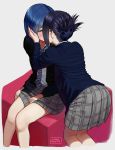  2girls artist_name black_hair black_jacket blazer blue_hair blush carlo_montie darling_in_the_franxx folded_ponytail glasses green_eyes grey_skirt hair_ornament hairclip hand_on_another&#039;s_face ichigo_(darling_in_the_franxx) ikuno_(darling_in_the_franxx) jacket kiss long_hair miniskirt multiple_girls necktie plaid plaid_skirt pleated_skirt school_uniform short_hair sidelocks sitting skirt yuri 