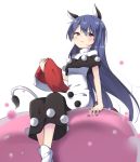  1girl alternate_hair_length alternate_hairstyle amashi_(qcmrq906) animal_ears black_dress blob blue_eyes blue_hair blush commentary_request doremy_sweet dress feet_out_of_frame hat hat_removed headwear_removed holding holding_hat long_hair looking_at_viewer multicolored multicolored_clothes multicolored_dress parted_lips santa_hat simple_background sitting smile socks solo tail tapir_ears tapir_tail touhou very_long_hair white_background white_dress white_legwear 