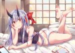 1girl barefoot blush breasts fate/grand_order fate_(series) feet hair_ribbon headband horns konka long_hair looking_at_viewer lying medium_breasts on_bed on_stomach panties red_eyes ribbon smile soles solo toes tomoe_gozen_(fate/grand_order) underwear white_panties 