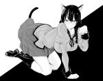  1girl all_fours animal_ears bakemonogatari blush braid breasts cat_ears cat_tail embarrassed glasses hanekawa_tsubasa large_breasts long_hair momosuke_(ishakry) monochrome monogatari_(series) paw_pose school_uniform shoes skirt socks solo tail twin_braids 