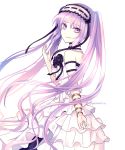  1girl bangs black_ribbon bracelet choker commentary_request dress fate/grand_order fate_(series) hairband highres jewelry lolita_hairband long_hair looking_back pastachiiiiin purple_hair ribbon solo stheno strapless strapless_dress twitter_username very_long_hair violet_eyes white_background white_dress 