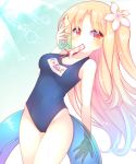  1girl azur_lane bangs blonde_hair blue_hair blue_innertube blue_swimsuit blush bottle breasts cleveland_(azur_lane) collarbone covered_navel eyebrows_visible_through_hair flower food food_in_mouth gradient_hair groin hair_flower hair_ornament highleg highleg_swimsuit holding holding_bottle holding_innertube innertube long_hair looking_at_viewer medium_breasts mouth_hold multicolored_hair name_tag old_school_swimsuit one-piece_swimsuit one_side_up parted_bangs popsicle red_eyes sakurato_ototo_shizuku school_swimsuit solo swimsuit transparent very_long_hair water_bottle wet white_flower 
