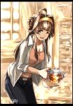  1girl ;d ahoge alternate_costume bangs blurry blurry_background breasts brown_hair casual commentary_request denim double_bun eyebrows_visible_through_hair hairband headgear highres jeans kantai_collection kongou_(kantai_collection) large_breasts long_hair looking_at_viewer one_eye_closed open_mouth pants seitei_(04seitei) shirt signature smile solo tea teapot violet_eyes 
