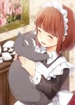  1girl ^_^ apron black_cat broken_vessel brown_hair cat character_request closed_eyes commentary_request copyright_request hazuki_natsu holding holding_cat maid maid_headdress medium_hair soft_focus solo 
