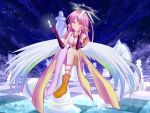  1girl angel_wings artist_request breasts cleavage commentary_request crop_top feathered_wings gloves gradient_hair halo jibril_(no_game_no_life) long_hair low_wings magic_circle medium_breasts mismatched_legwear multicolored multicolored_eyes multicolored_hair no_game_no_life orange_eyes pink_hair shoes single_shoe smile solo tattoo very_long_hair white_wings wing_ears wings yellow_eyes 