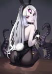  1girl abigail_williams_(fate/grand_order) animal_ears ass bangs bare_shoulders black_bow black_hairband black_legwear black_leotard bow breasts bunny_girl bunny_tail bunnysuit fake_animal_ears fate/grand_order fate_(series) forehead glowing grin hair_bow hairband head_tilt leotard long_hair looking_at_viewer looking_back orange_bow pale_skin pantyhose parted_bangs polka_dot polka_dot_bow rabbit_ears sharp_teeth silver_hair sitting small_breasts smile solo strapless strapless_leotard suction_cups sunga2usagi tail teeth tentacle very_long_hair violet_eyes wrist_cuffs 