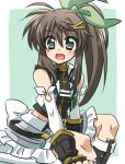  1girl :d ahoge black_footwear black_gloves black_shirt boots brown_hair elbow_gloves eyebrows_visible_through_hair fingerless_gloves fuuka_reventon gauntlets gloves green_background green_eyes green_ribbon hair_ornament hair_ribbon hairclip jacket long_hair looking_at_viewer lyrical_nanoha magical_girl midriff open_clothes open_jacket open_mouth outside_border overskirt ponytail ribbon san-pon shirt sidelocks sitting skirt sleeveless_jacket smile solo vivid_strike! white_gloves white_jacket white_skirt 